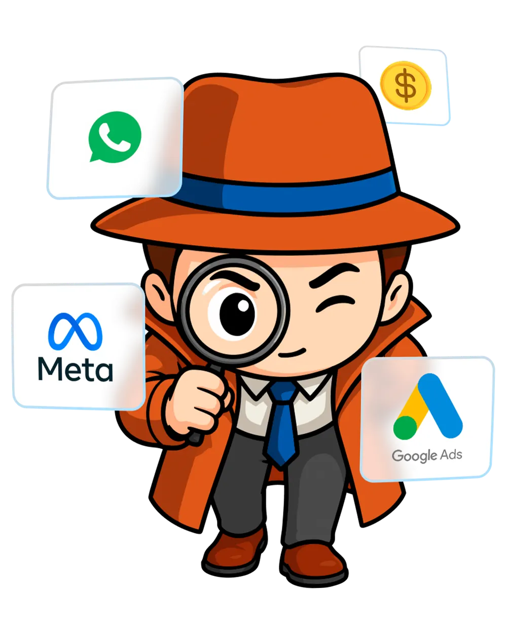 Mascote detetive do Tintim investigando os resultados do WhatsApp